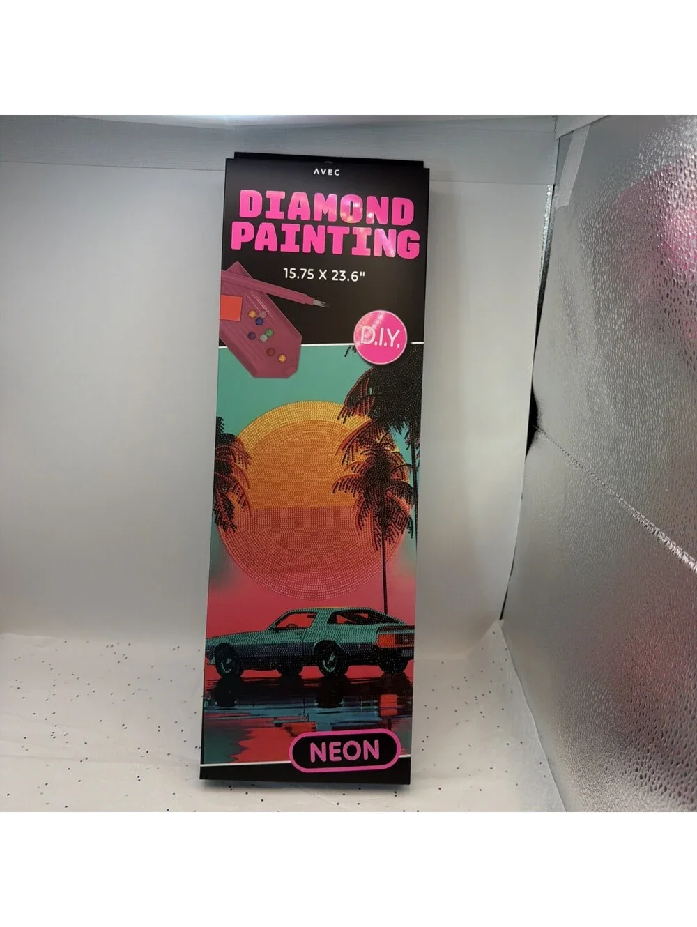 AVEC DIY Diamond Art Painting Kit Pink Neon Car In Sunset Design, 15.75 x 23.6